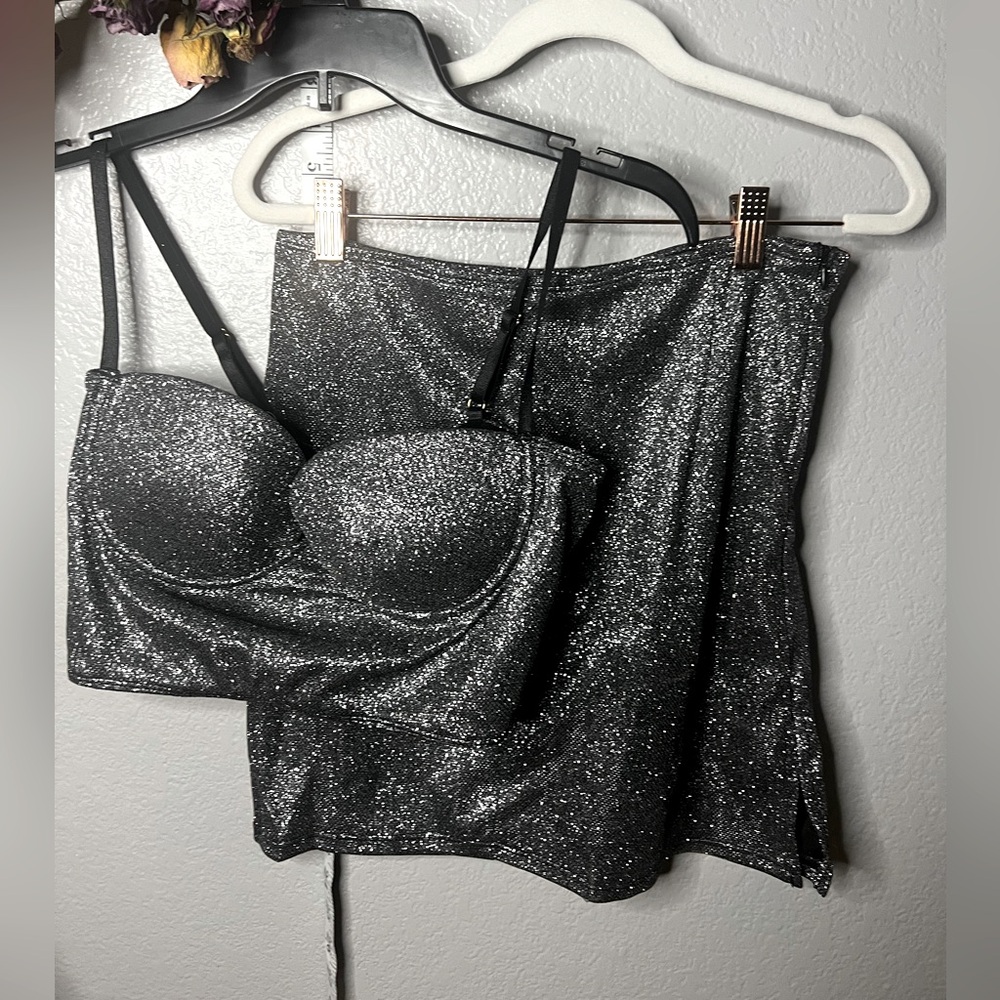 Yandy Collection NWT | sexy silver glitter co-ord. Large. Bustier+miniskirt